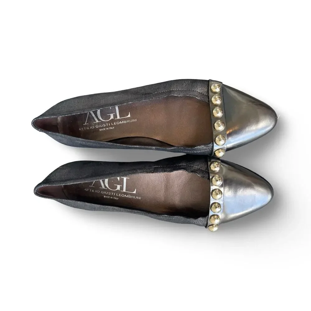 AGL Attilio Giusti Leombruni Leather Patent Cap Toe Chain Flats EU 39 US 8.5